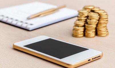 A modern smartphone with a stack of coins and a notepad, symbolizing finance and productivity.