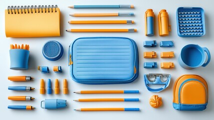 A collection of blue and orange stationery items arranged for organization and creativity.