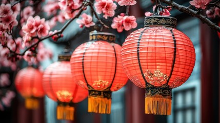 Obraz premium Vibrant red lanterns adorned with floral elements, symbolizing celebration and culture.
