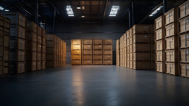 Vintage Warehouse Interior with Wooden Crates and Delivery Space for Storage and Logistics Operations