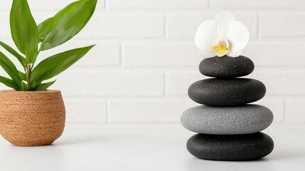 Obraz premium A serene arrangement of stacked stones and a white orchid in a cozy interior setting.