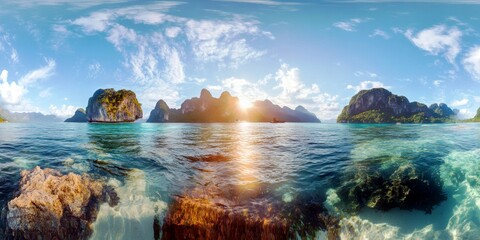 Breathtaking Sunset Over Calm Tropical Waters with Stunning Mountainous Islands in the Background and Clear Blue Skies Filled with Fluffy Clouds