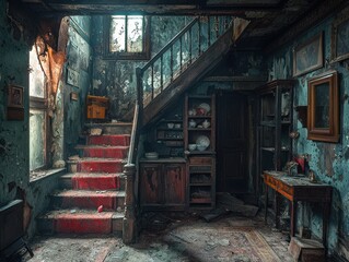 Fototapeta na wymiar Abandoned decadent house interior slung derelict forsaken outcast