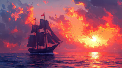 Obraz premium A majestic sailing ship glides across a dramatic ocean at sunset, fiery clouds fill the sky.
