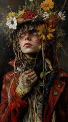 Obraz premium Enigmatic Woman in a Floral Crown