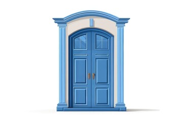 A blue double door with a decorative arch and windows, symbolizing entry and opportunity. isolated on white background