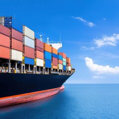 Fototapeta premium logistics cargo shipping cost-effective concept. Container ship in calm waters under a clear blue sky, loaded with colorful freight.