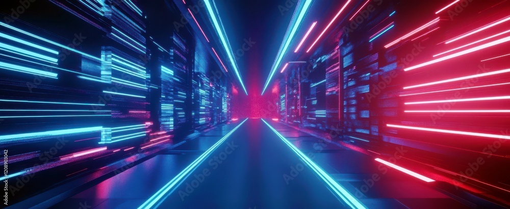 Poster futuristic tunnel with glowing neon lights in blue and red colors, creating a dynamic and vibrant at