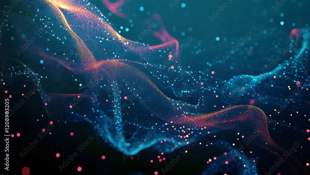 Poster abstract digital background with flowing lines and glowing particles in vibrant colors, creating a s
