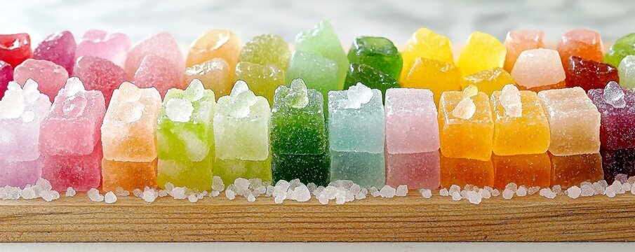Colorful Arrangement of Assorted Gelatin Candies Displayed on Wooden Board with Sea Salt for a Vibrant and Tempting Treat Presentation