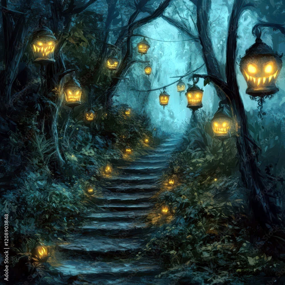 Poster enchanted forest pathway illuminated by glowing lanterns in a misty atmosphere for mysterious and fa