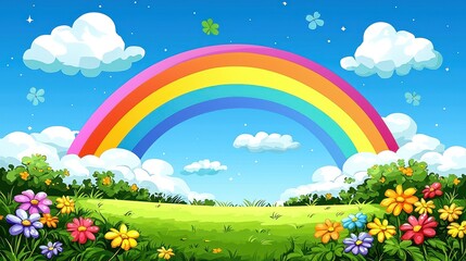A vibrant landscape featuring a rainbow, fluffy clouds, and colorful flowers in a sunny sky.