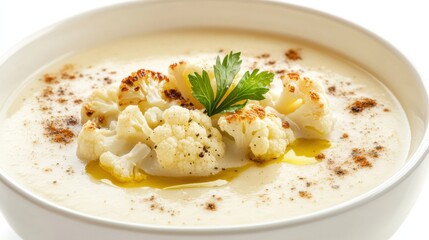 A bowl of creamy cauliflower soup garnished with roasted cauliflower florets and a drizzle of olive oil, Its rich aroma and velvety texture enticingly displayed