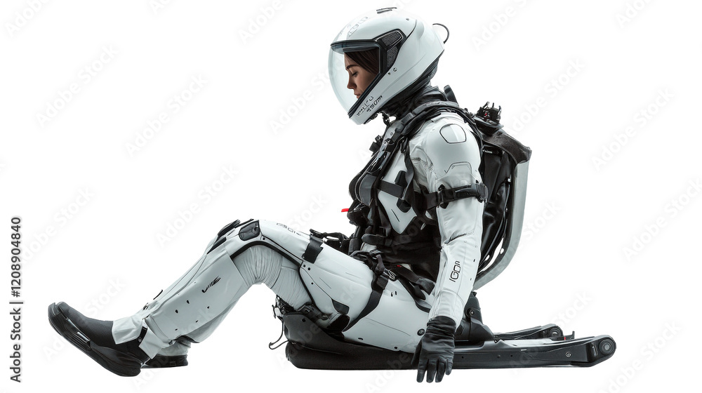Poster a person is seated in a futuristic robotic exoskeleton with advanced support features isolated on tr