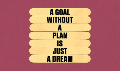 Goal and Plan Symbol. Concept word A Goal Without A Plan Is Just A Dream on beautiful wooden stick....