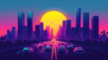 A retro cityscape with a vibrant sunset, featuring cars on a highway leading into the urban center