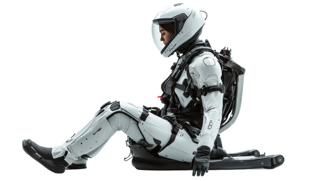 A person is seated in a futuristic robotic exoskeleton with advanced support features isolated on transparent background