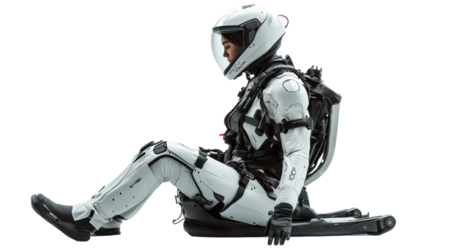 A person is seated in a futuristic robotic exoskeleton with advanced support features isolated on transparent background