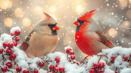 Beautiful Cardinals in Winter Wonderland, Featuring Male and Female Birds Surrounded by Snow and Red Berries against a Soft Blurred Background
