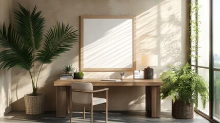 Modern home office photo with blank white photo frame on the wall, wooden table and chair, green plants in vase, neutral beige colors