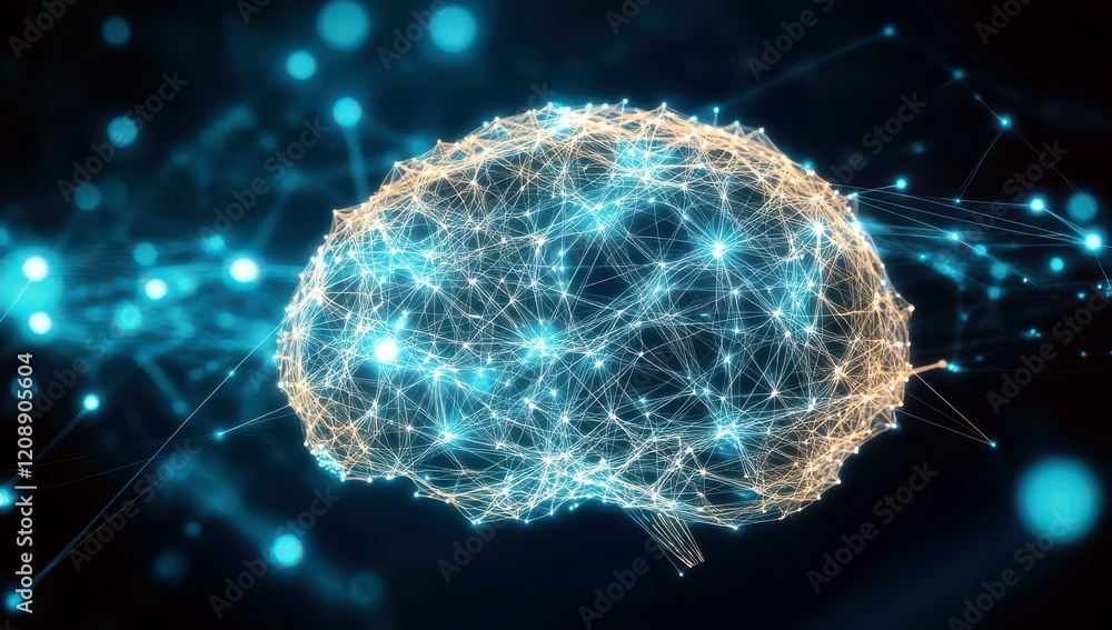 Poster abstract representation of a human brain generated with glowing dots and lines, illustrating neural 