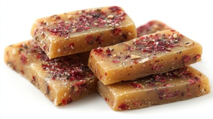 A stack of colorful, textured candy pieces with a mix of herbs or spices on top.