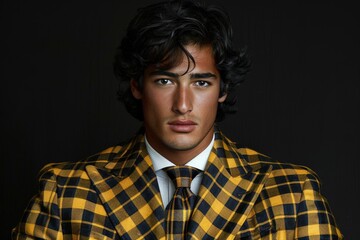 Fototapeta premium A stylish young man in a bold yellow and black plaid suit, exuding confidence against a dark background.