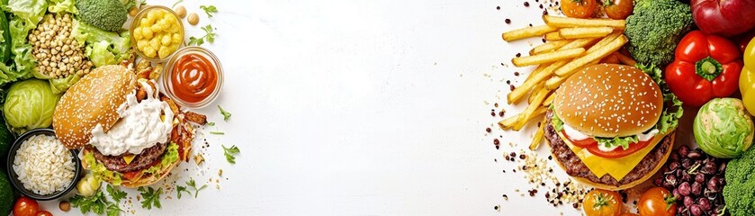 Delicious and Colorful Fast Food Spread Featuring Burgers, Fresh Vegetables, Crispy Fries, and Flavorful Sauces on a Rustic Wooden Background