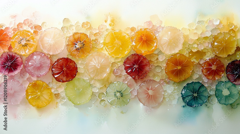 Poster vibrant colorful citrus slices arranged on a smooth background with icy elements and a soft blurred 