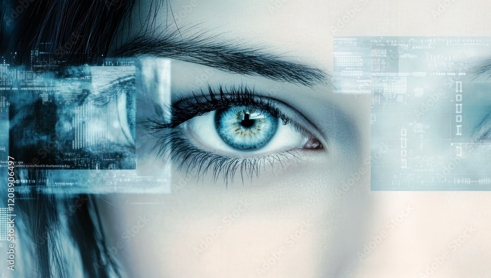 Poster close-up of an eye with technological interface overlays representing digital connectivity and innov
