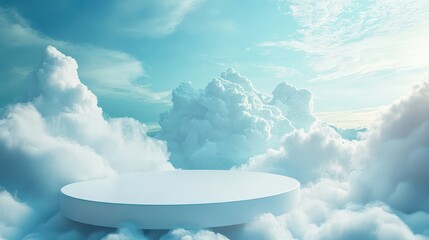 White platform above fluffy clouds, bright sky. Ideal for product display, dreamy concepts, or serene backgrounds.