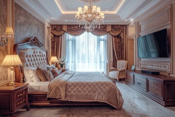 Beautiful luxury bedroom suite in hotel with tv