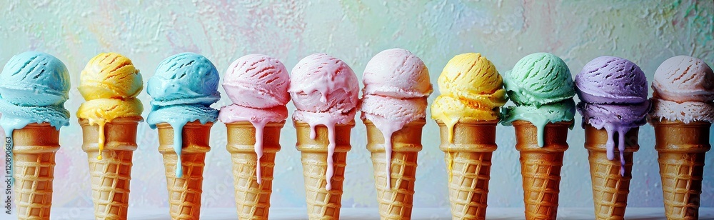 Poster Bright and Colorful Ice Cream Cones with Scoops of Various Flavors Against a Soft Colorful Background