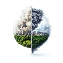 Environmental pollution impact urban areas digital art contrasting nature and industry aerial view ecological awareness