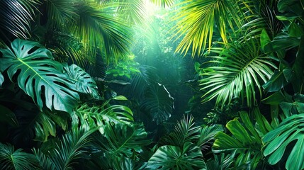 Lush green jungle with dense foliage and sunlight filtering through the leaves.