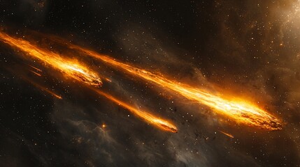 Fiery meteor shower streaks across dark space.