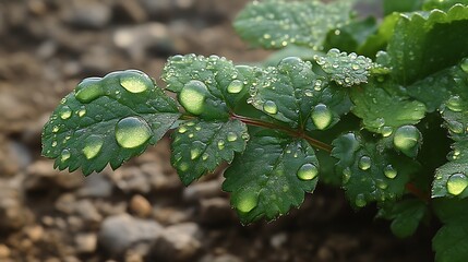 Dewdrops Adorn Lush Green Plant Leaves