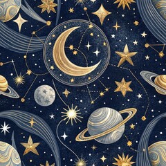 Naklejka premium Celestial Night Sky Seamless Pattern Gold Planets Stars Moon Galaxy Background