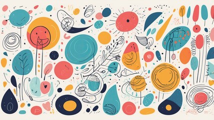 Whimsical abstract doodles, playful shapes and vibrant colors with a sketch-like texture.