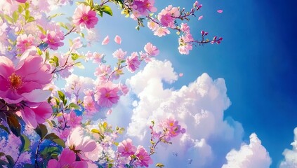 Vibrant Blossoms Under Blue Sky with Soft Clouds and Petals Falling in a Serene Natural Setting Awash in Warm Light and Vibrant Colors Perfect for Spring Themes