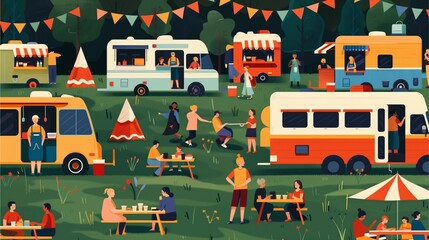 A vibrant and colorful illustration of a food truck festival.  People gather around various food trucks, enjoying the diverse cuisine and atmosphere.