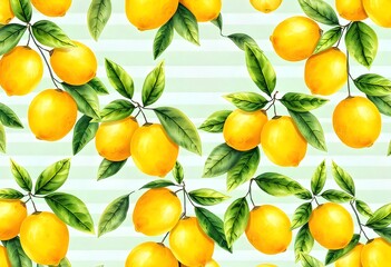 Obraz premium Illustration of beautiful yellow lemon fruits on a branch with green leaves on an orange background. Watercolor drawing seamless pattern for design 