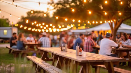 a gathering of friends and family enjoying a meal together at a rustic picnic table under a canopy of twinkling lights. This captures the essence of summer evenings with good company, food.