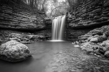 Black-and-white image of flowing water over rocks with a blurred motion effect. Perfect for design, art projects, and modern creative backgrounds.