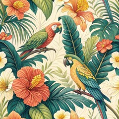 Obraz premium Vibrant Tropical Parrot Hibiscus Floral Seamless Pattern Design Exotic Birds Lush Greenery