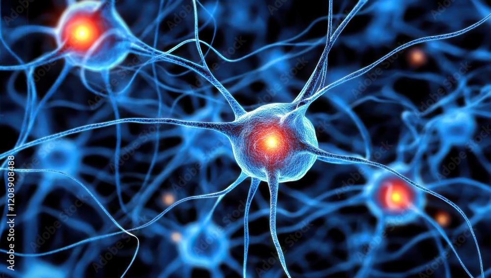 Poster vibrant image of neurons with blue and orange coloration representing neural activity and connection