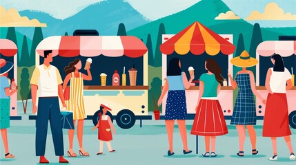 Naklejka premium a vibrant summer market bustling with activity. People are enjoying the sunshine and tasty treats at the many food stalls