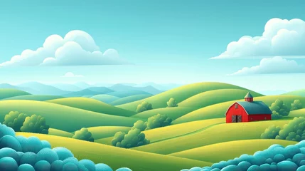 Gardinen A serene landscape featuring rolling hills, a red barn, and a vibrant sky with clouds. © Garin