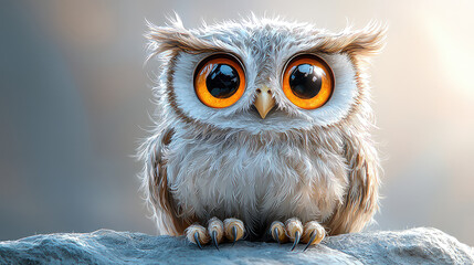 Adorable baby owl with large orange eyes perched on a rock, looking directly at the camera.