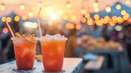 Two refreshing iced drinks with fries on a summer evening at an outdoor market. The warm sunset glow creates a vibrant ambiance. 